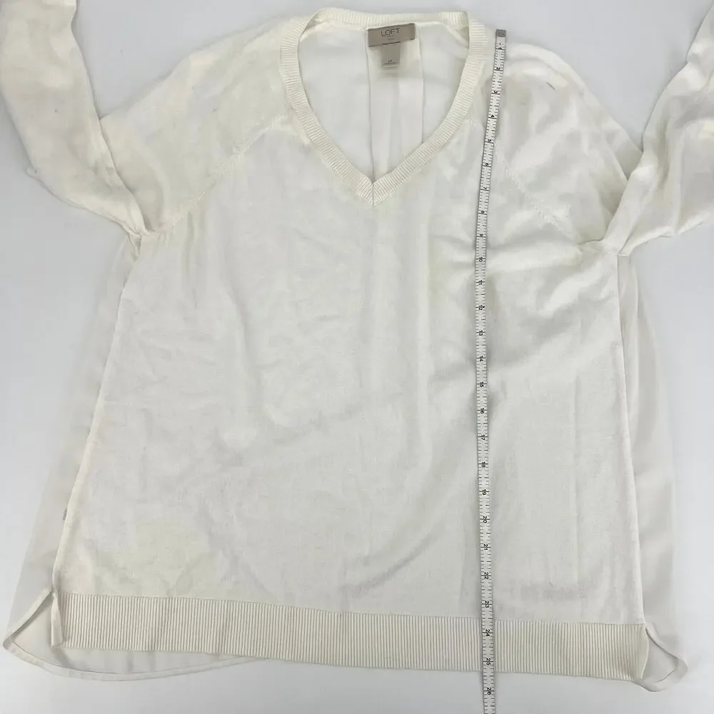 LOFT Outlet Size Large Petite Cream V-Neck Pullover Sheer Pleated Back